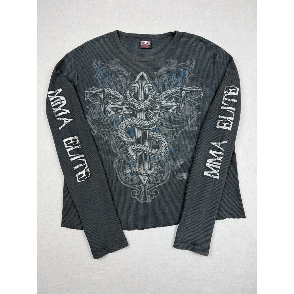 Vintage MMA Elite Shirt Men XL Black Tee Thermal Waffle Y2K Snake Cross Tattoo